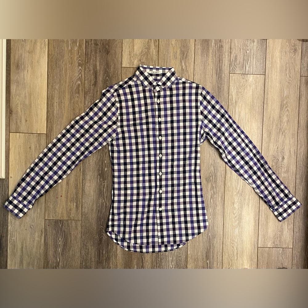 Express Men’s Purple and White Plaid Shirt XS